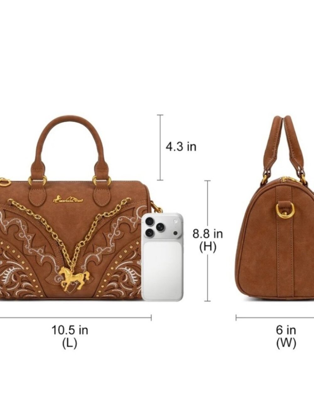 Montana West Western Horse Charm Satchel Crossbody Bag - Brown - Picture 4 of 8